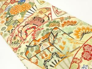 アンティーク　御所車に花模様織り出し丸帯(材料)